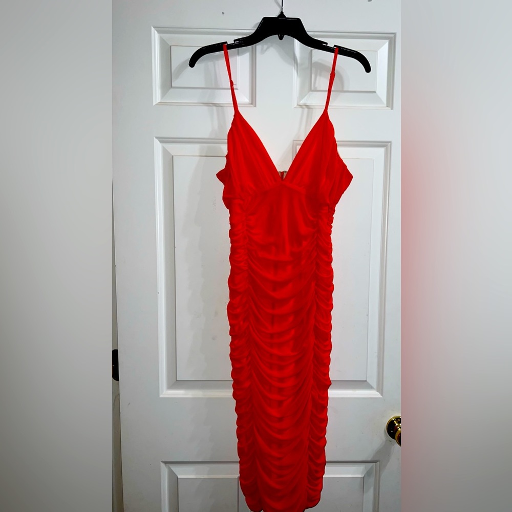 Red mesh ruched Fashion Nova dress.